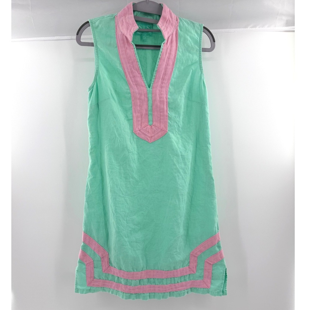 Sail to Sable (Green) 100% Linen Sleeveless Shift Dress Women Size XS